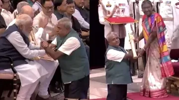 Dr. KS Rajanna greeting PM Modi and receiving Padma Shri from President Droupadi Murmu 