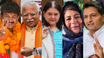 (From Left to Right) Delhi BJP candidate Manoj Tiwari, former Haryana Chief Minister Manohar Lal Khattar, BJP leader Maneka Gandhi, former Jammu and Kashmir CM Mehbooba Mufti and Congress leader Deepender Singh Hooda.