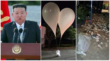 North Korea Supreme Leader Kim Jong Un (L) and trash from a balloon presumably sent by North Korea (