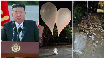 North Korea Supreme Leader Kim Jong Un (L) and trash from a balloon presumably sent by North Korea (