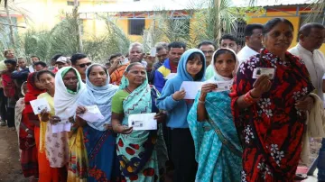 Voters in queue at poling station