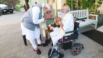 PM Modi meets Jam Saheb Shri Shatrusalyasinhji in Gujarat's Jamnagar.