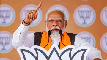 Prime Minister Narendra Modi addresses a public meeting for Lok Sabha polls, in Banaskantha, Gujarat.