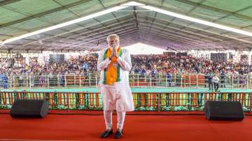 Prime Minister Narendra Modi in a public rally for Lok Sabha elections 2024.