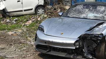 The Porsche car found without number plate, in Pune, Tuesday. The car was allegedly driven by a 17-year-old boy who knocked down two motorbike riders on Sunday, causing their death in Kalyani Nagar of Pune city, as the police claim. 