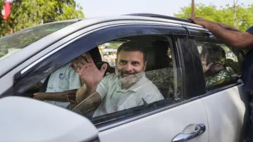 Congress leader and party candidate from Rae Bareli constituency Rahul Gandhi leaves with party leader Sonia Gandhi after filing his nomination, ahead of the third phase of Lok Sabha elections, in Rae Bareli.