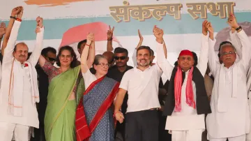 Congress leader and party candidate from Rae Bareli constituency Rahul Gandhi with party leaders Sonia Gandhi and Priyanka Gandhi, Samajwadi Party (SP) chief and party candidate from Kannauj constituency Akhilesh Yadav, former Chhattisgarh chief minister Bhupesh Baghel and others.