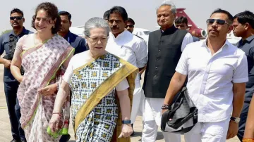 Robert Vadra with Congress leaders Sonia Gandhi, Priyanka Gandhi Vadra, KC Venugopal and Ashok Gehlot.