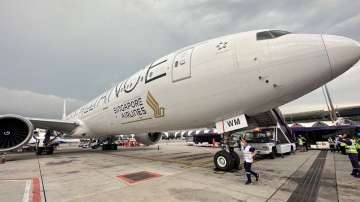 A Singapore airline aircraft is seen on the tarmac after requesting an emergency landing at Bangkok'