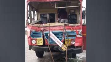 The front side of the bus is damaged in the accident