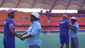 Sanju Samson meets the pitch curator of the Rajiv Gandhi International Cricket Stadium.