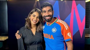 Jasprit Bumrah with his wife and sports presenter Sanjana Ganesan, who is working as ICC Digital Insider on T20 World Cup 2024