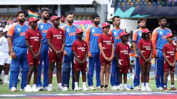 Indian players during national anthem for the Super 8 match against Afghanistan