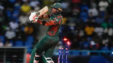 Mahmudullah being dismissed by Pat Cummins as part of a hat-trick during the Australia vs Bangladesh clash in T20 World Cup 2024 Super 8