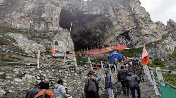 Pilgrims near the holy cave shrine of Amarnath.