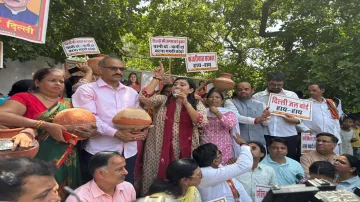 Delhi water crisis, Delhi water crisis today, Delhi water crisis BJP holds Matka Phod protest, Matka