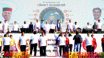 DK Shivakumar participates International Yoga Day event held at Vidhana Soudha in Bengaluru