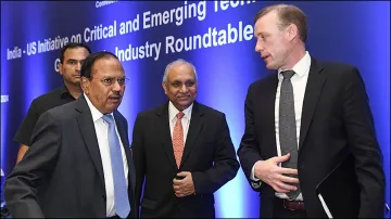 NSA Ajit Doval with his American counterpart Jake Sullivan (R) and CII Director-General Chandrajit Banerjee.