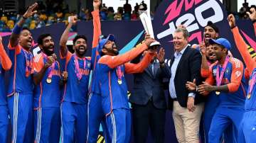 Indian cricket team players celebrating T20 World Cup 2024 triumph