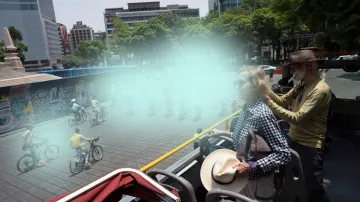 Tourists watch cyclists performing their annual nude bike ride to protest car-centric culture and de