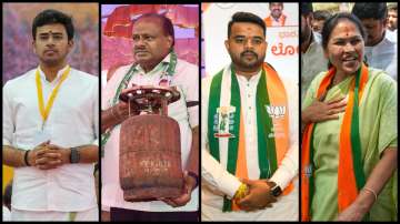 Karnataka Lok Sabha Election candidates (L-R): Tejasvi Surya, HD Kumaraswamy, Prajwal Revanna and Shobha Karandlaje.