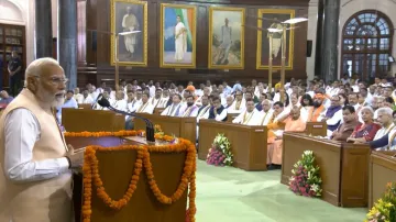 Senior BJP leader Narendra Modi speaks during NDA parliamentary party meeting at Samvidhan Sadan in New Delhi.