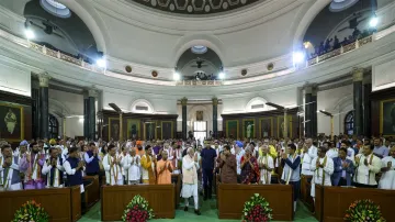 Prime Minister Narendra Modi with newly elected BJP-NDA MPs at the central hall of the old Parliament. 