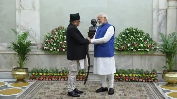 Nepal Prime Minister Pushpa Kamal Dahal 'Prachanda' with PM Modi during his visit to India for the o