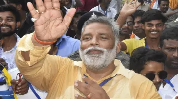 Independent candidate from Purnea constituency Rajesh Ranjan alias Pappu Yadav greets supporters.