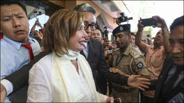 Former US House Speaker Nancy Pelosi upon her arrival at the Kangra Airport, in Dharamshala.