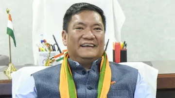 Arunachal Pradesh Chief Minister and BJP leader Pema Khandu during celebrations after partys victory in the State Assembly elections, in Itanagar.