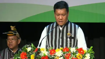 Arunachal Pradesh Chief Minister-designate Pema Khandu takes oath for the third consecutive term, at the DK State Convention Centre in Itanagar.