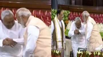 Prime Minister Narendra Modi, Nitish Kumar humble moment at old Parliament during NDA Parliamentary party meeting.