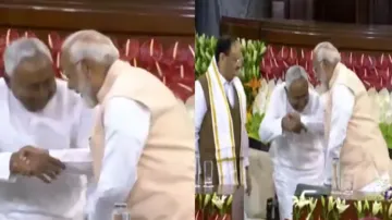 Prime Minister Narendra Modi, Nitish Kumar humble moment at old Parliament during NDA Parliamentary party meeting.