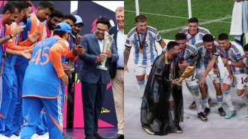 Rohit Sharma emulates Lionel Messi's celebration.