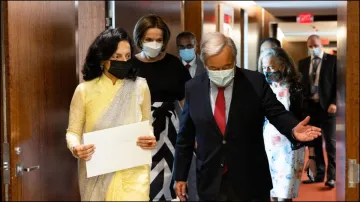 Ruchira Kamboj with UN Secretary-General Antonio Guterres after becoming India's first woman Ambassador to the United Nations.