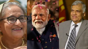 Bangladesh PM (L), PM Modi (C) and Sri Lanka PM (R). 