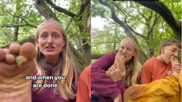 Two women eating strawberries with their feet in viral video