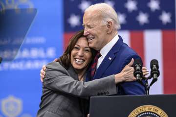 US President Joe Biden with VP Kamala Harris during an election campaign event.