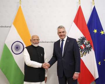 Austrian Chancellor Karl Nehammer with PM Modi in Vienna.