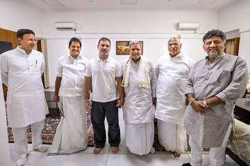 Congress President Mallikarjun Kharge with Rahul Gandhi and other party leaders