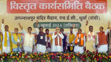 Union Home Minister Amit Shah with Union Minister Shivraj Singh Chouhan, former union minister Arjun Munda, Assam Chief Minister Himanta Biswa Sarma and Jharkhand BJP President Babulal Marandi during BJP’s extended working committee meeting, in Ranchi.