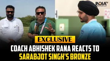 Sarabjot Singh's coach Abhishek Rana reacts to his success at the Paris Olympics.