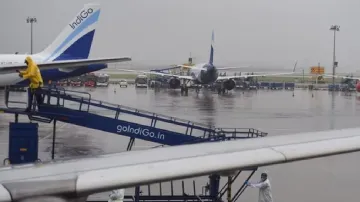 Planes on a wet runway 