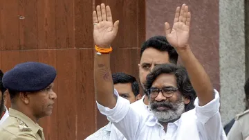 Former Jharkhand chief minister Hemant Soren comes out of Birsa Munda Central Jail upon his release after Jharkhand High Court granted him bail in a money laundering case linked to a land scam, in Ranchi.