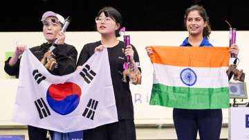 Gold Medallist Korea’s Jin Ye Oh, Silver medallist compatriot Kim Yeji and bronze medallist India's Manu Bhaker