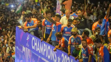 Indian team during victory parade in Mumbai.