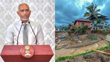 Maldives President Mohamed Muizzu (L), a grim view of Wayanad landslide (R)