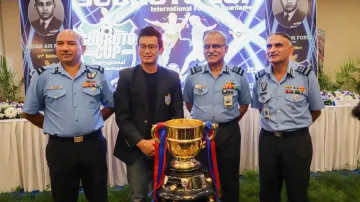 (L-R)- Air Commodore Sunil Tomar Chairman Organising Committee, Bhaichung Bhutia, former Indian Football Captain, Air Marshal K Anantharaman and Air Marshal RK Anand DG.