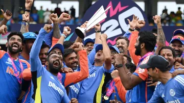 Indian cricket team with the T20 World Cup 2024 trophy.